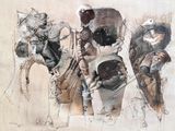 drawing of a group of people riding on the back of a horse