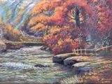 a painting of a stream running through a wooded area
