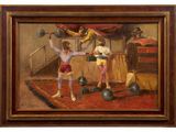 an oil painting of two men in a boxing ring with a ball and a kettle