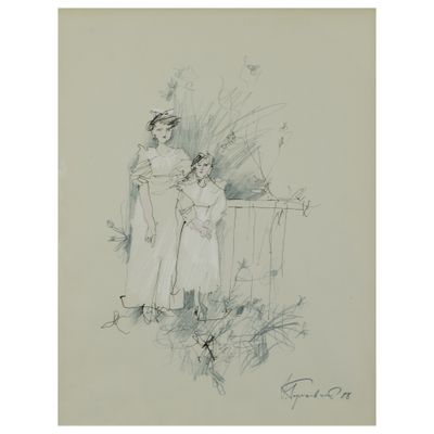 un dessin représentant une femme et un enfant debout près d'une clôture