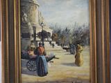 une peinture à l'huile d'une scène de rue avec une voiture à cheval