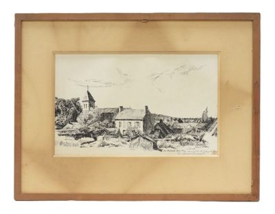 an image of a drawing of a farm with a church in the background