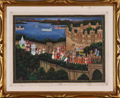 an image of a painting of a group of people in front of a castle
