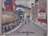 une peinture à l'huile représentant une personne marchant dans la rue avec un parapluie