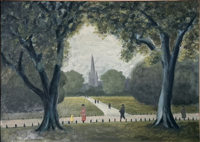 un tableau représentant des personnes marchant sur un sentier dans un parc
