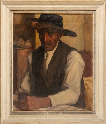 painting of a man in a hat and vest sitting at a table