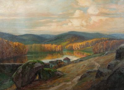 une image représentant un tableau représentant un paysage avec une rivière et des montagnes en arrière-plan
