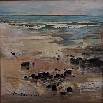une peinture à l'huile représentant une scène de plage avec des vagues qui viennent s'écraser sur le rivage