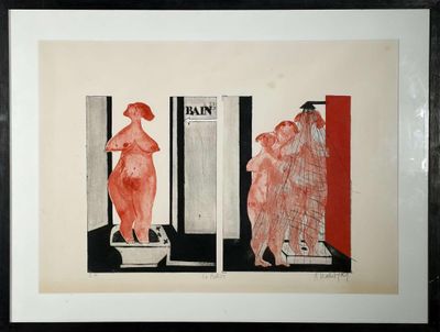 reproduction encadrée représentant trois nus dans une salle de bains avec une porte rouge