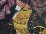 a painting of a woman sitting on a couch with a baseball glove