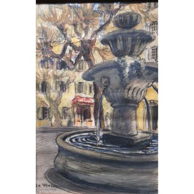 aquarelle représentant une fontaine devant un immeuble