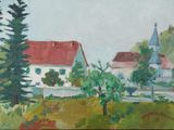 an oil painting of a village with a church and trees in the foreground