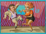 painting of a man and woman dancing in front of a colorful wall