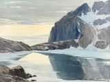 a painting of a mountain and a body of water