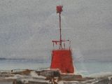 une peinture à l'huile représentant un phare rouge sur un rivage rocheux