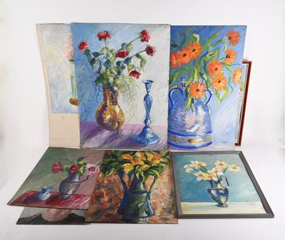 paintings of flowers in vases and vases on a table