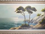 painting of two trees on the edge of a cliff overlooking the ocean