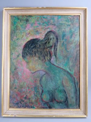 tableau représentant une femme en robe bleue avec un oiseau sur l'épaule