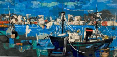 a painting of a boat in the water with a city in the background