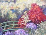 a painting of a bridge and flowers in a garden