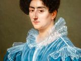 portrait of a woman in a blue dress with a white frilling
