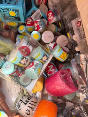 a box full of assorted toys and other items