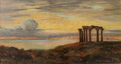 an oil painting of a view of the sea and a cloudy sky