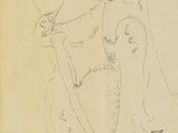 un vieux dessin représentant une femme assise sur une chaise, les jambes croisées