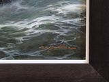 a picture of a painting of a man surfing in the ocean