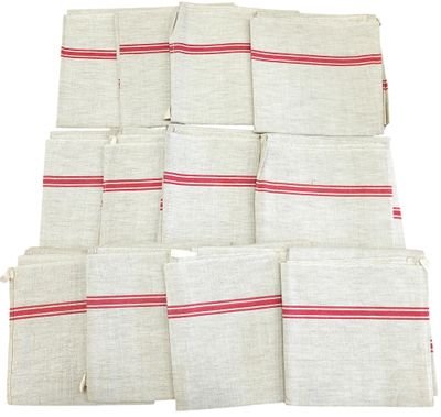 Suite de 12 TORCHONS en métis à bandeau et liserets rouges. - Photo 1