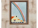 une image représentant une maison avec un arc-en-ciel dans le ciel