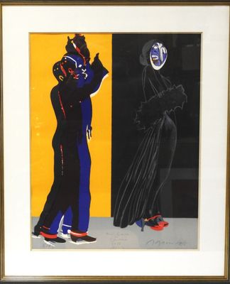 tableau représentant un homme et une femme vêtus de noir et de bleu et portant un masque