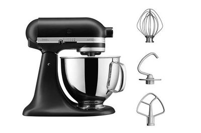 an image of a black kitchen aid mixer with a whisk attachment