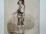 an old drawing of a man with a cane and a hat