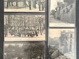 several old black and white photos of people in a park