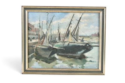 une peinture représentant des bateaux dans un port, avec le ciel en arrière-plan