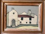 une photo d'un tableau représentant un bâtiment, dans un cadre