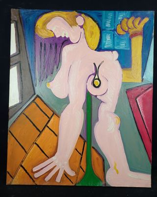 une peinture à l'huile représentant une femme nue avec une horloge posée sur une table