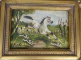 a painting of a horse running in a field