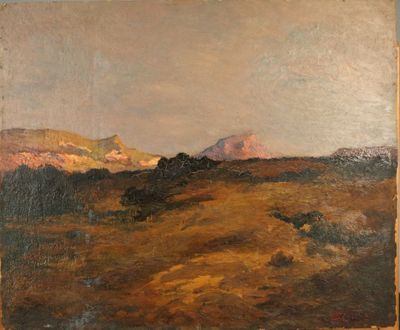 l'image d'un tableau représentant un paysage avec des montagnes en arrière-plan