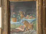 an image of a painting of a cat in front of a table full of food