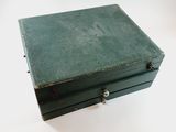 a green box that is sitting on a white table