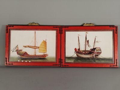 two pictures of a boat and a boat in a red case
