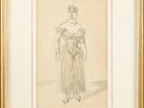 a drawing of a woman in a dress holding a bouquet