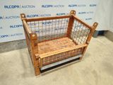 a wooden chair with a wire basket on it