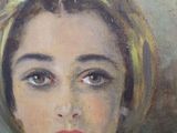 painting of a woman with a yellow head scarf and red lips