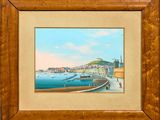 painting of a view of a harbor with boats in the water and a town in the distance