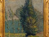 une peinture à l'huile représentant un arbre dans un champ, avec des arbres en arrière-plan