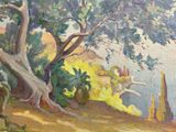 painting of a view of a lake and a tree with a building in the background