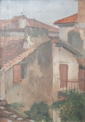 a picture of a painting of a building with a cat on the roof